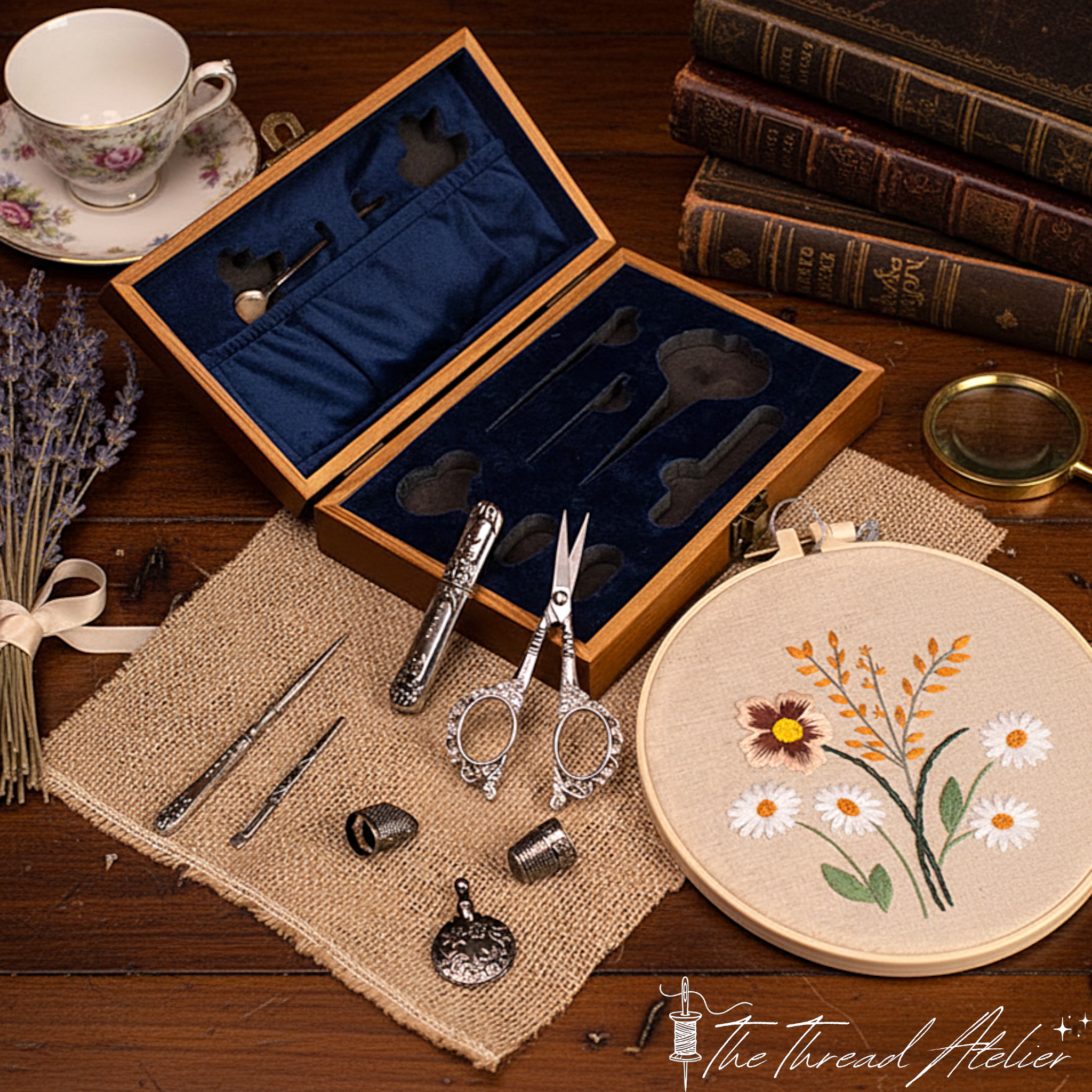 Retro sewing box with a complete set of antique style tools