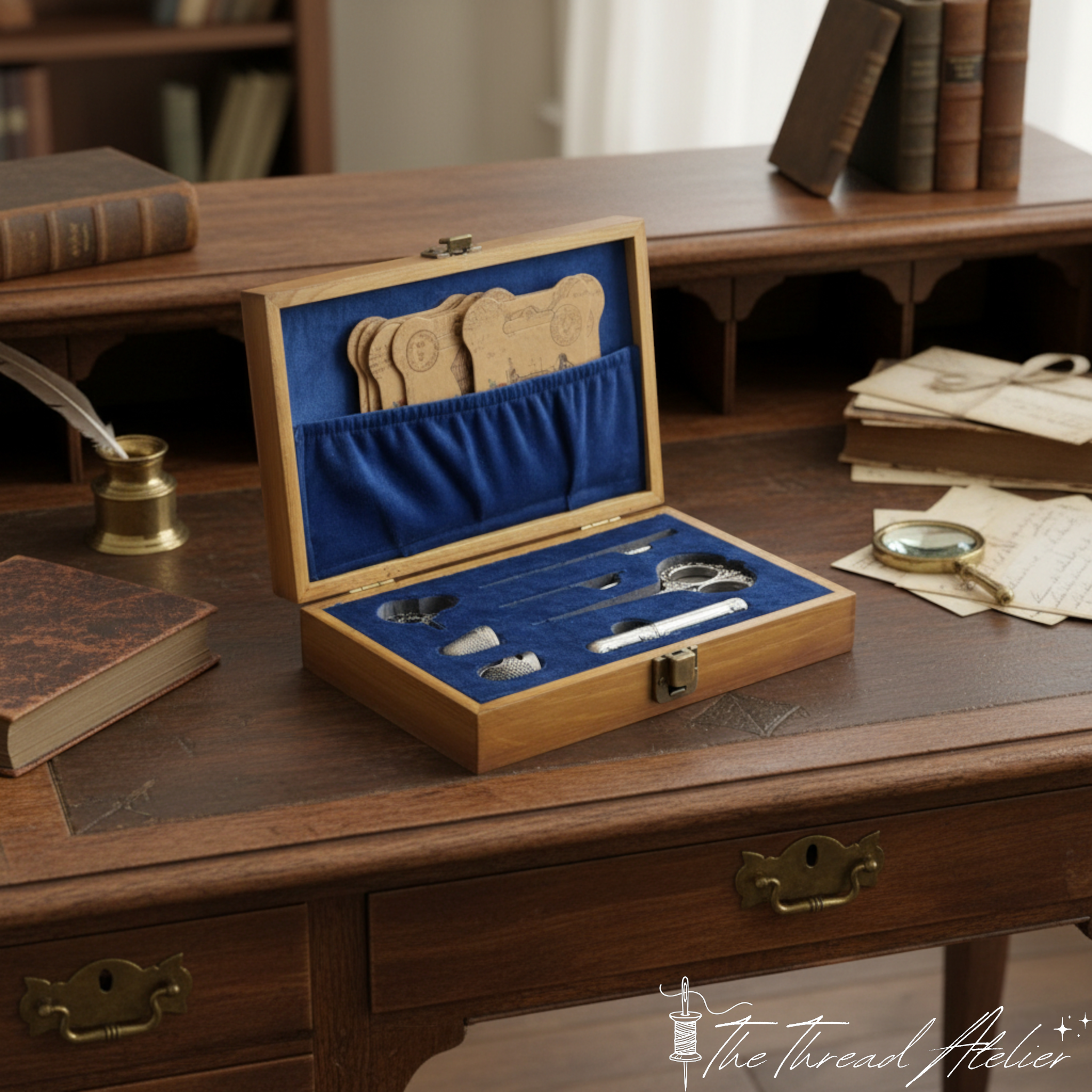 Vintage embroidery supplies arranged inside the sewing box