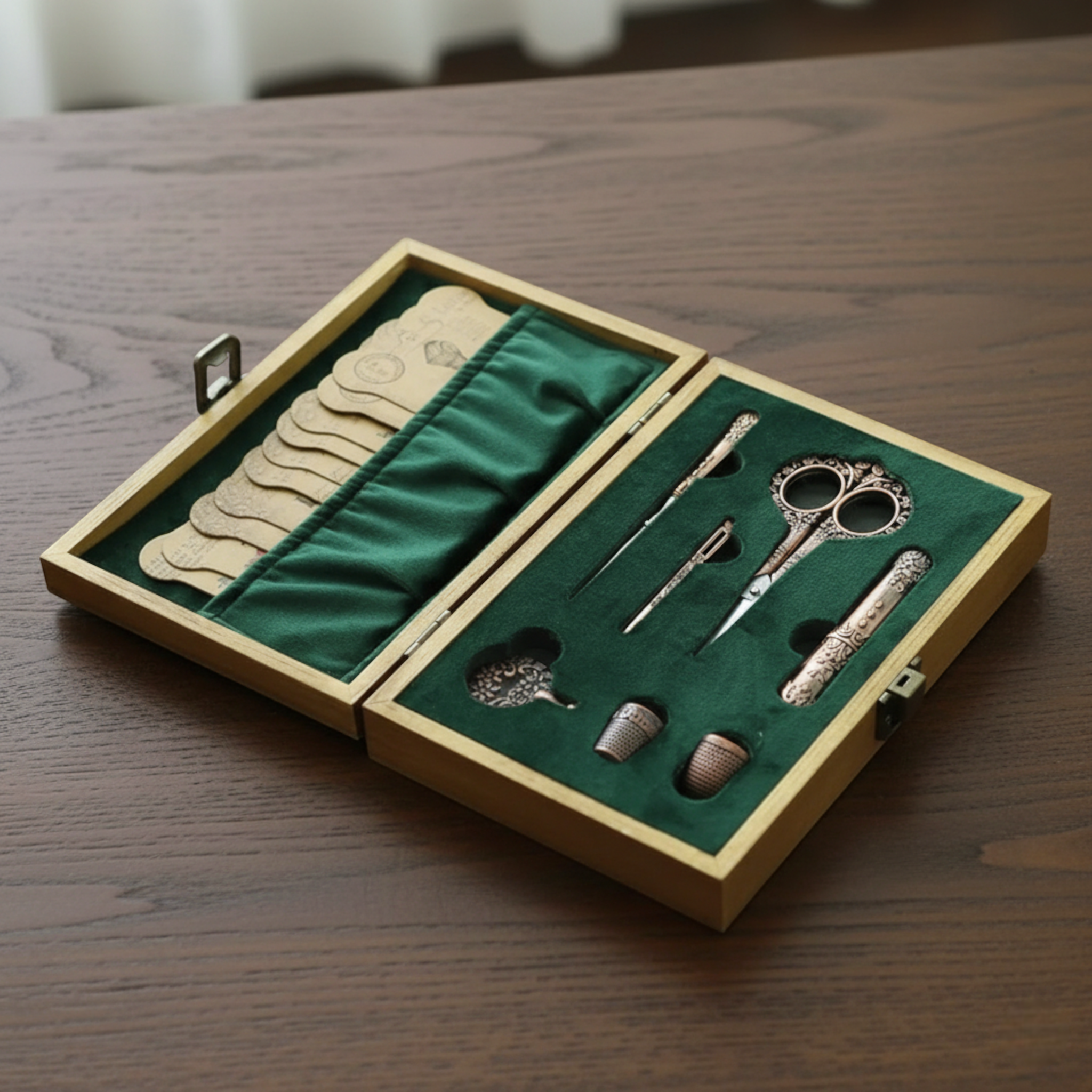 Antique style sewing box shown open with its compartments
