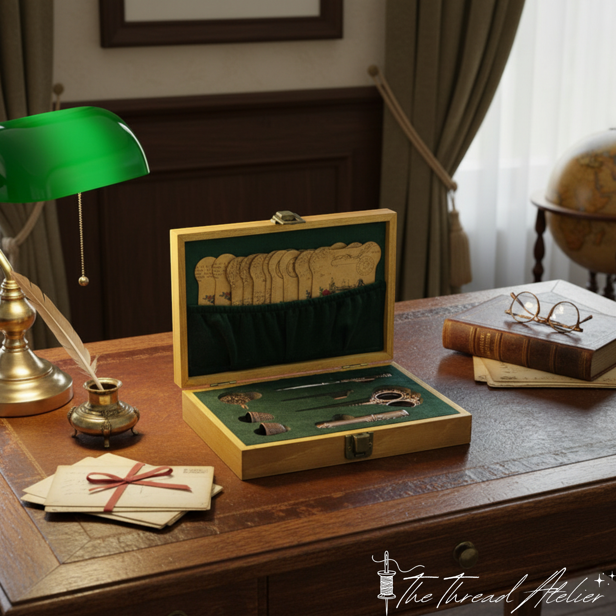 Complete vintage needlework set displayed beside its box