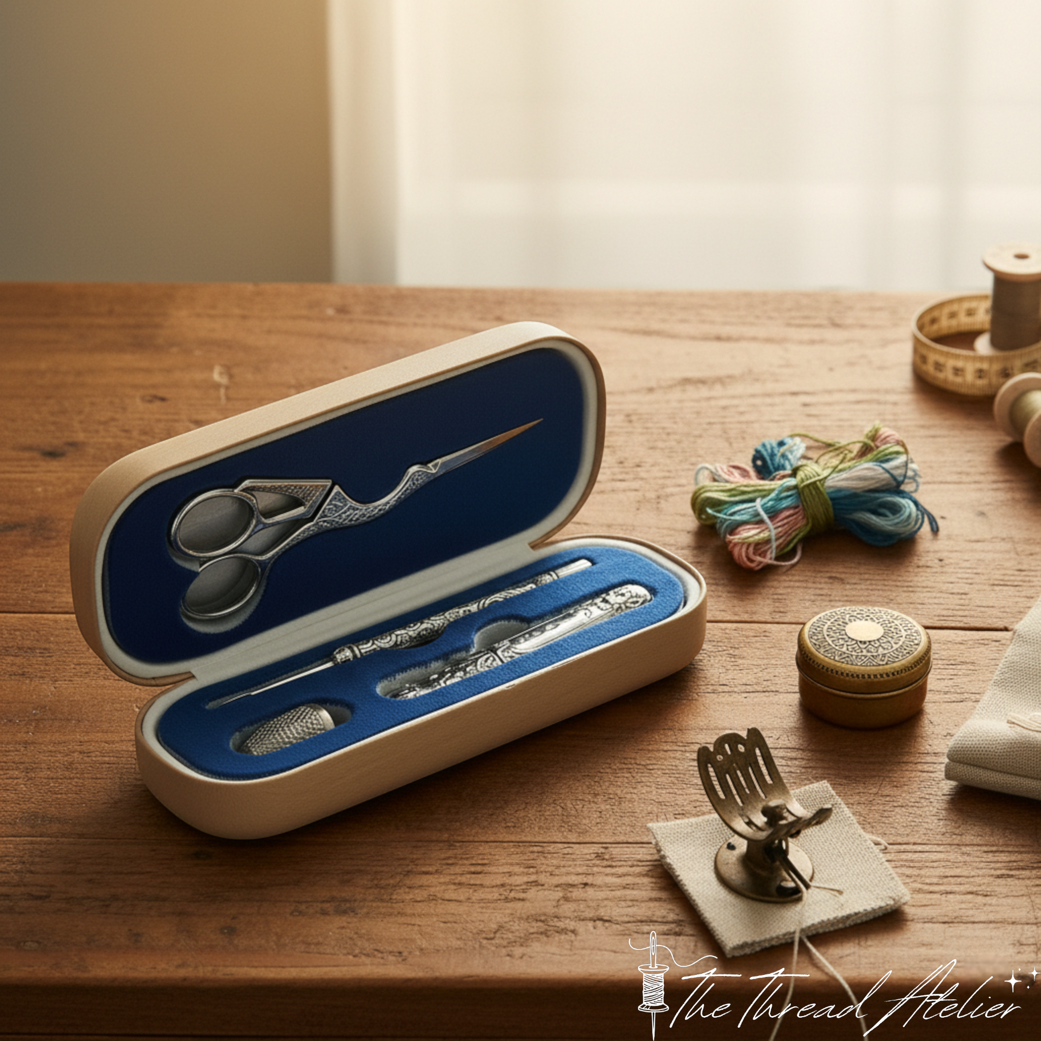 Retro sewing kit in a vintage case with antique bronze tools
