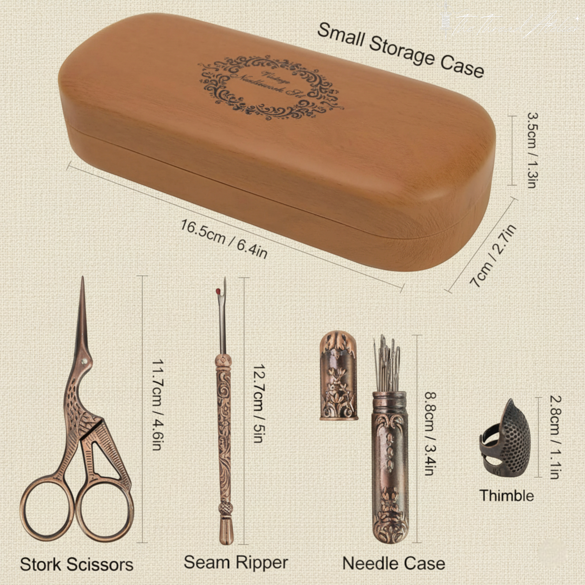 Antique style needlework tools arranged inside their case