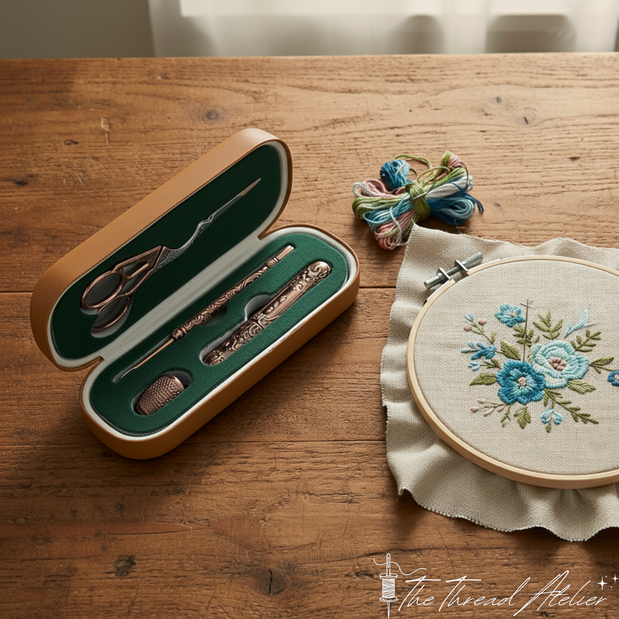 Complete vintage embroidery set with its carrying case closed