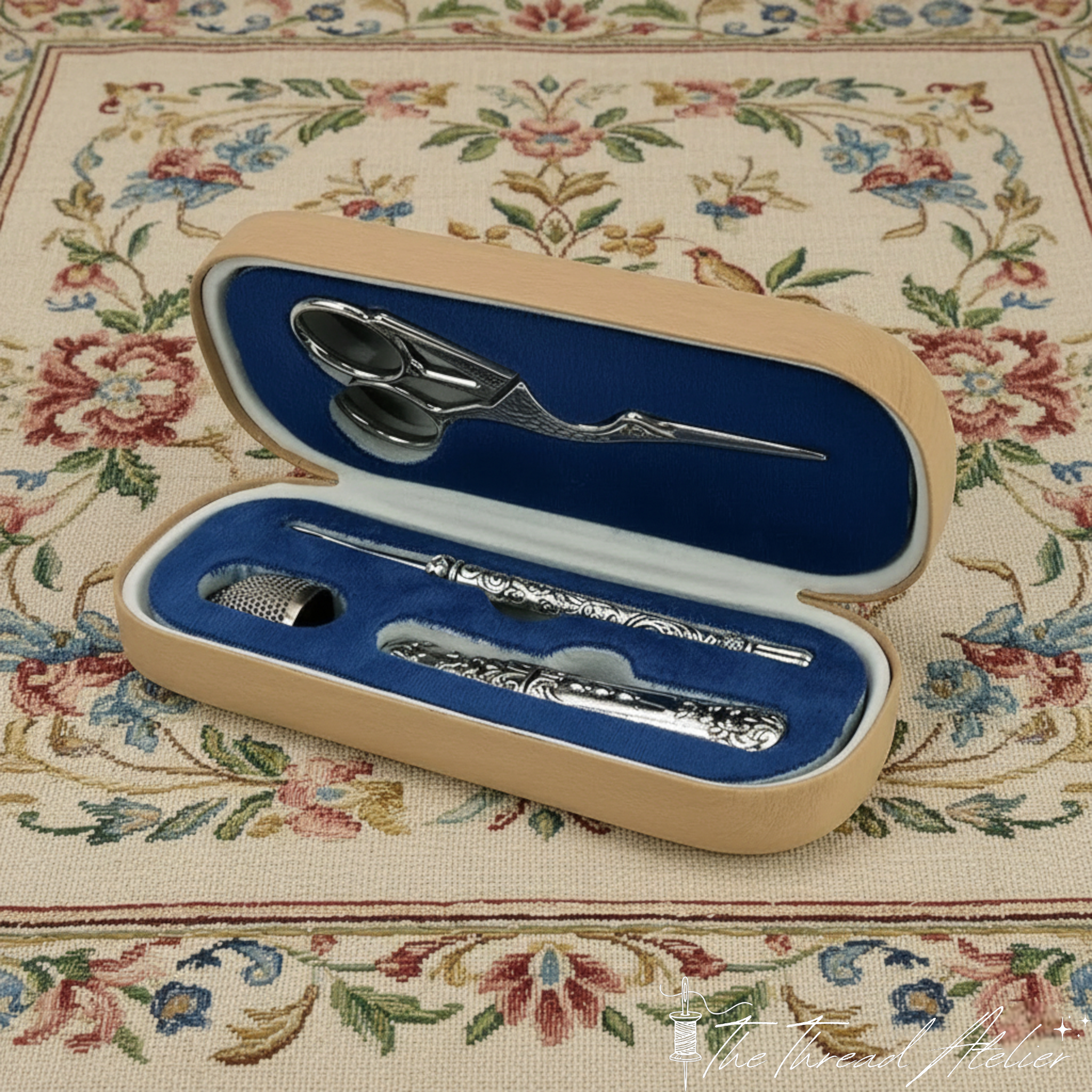 Retro sewing case shown with the full set of tools laid out