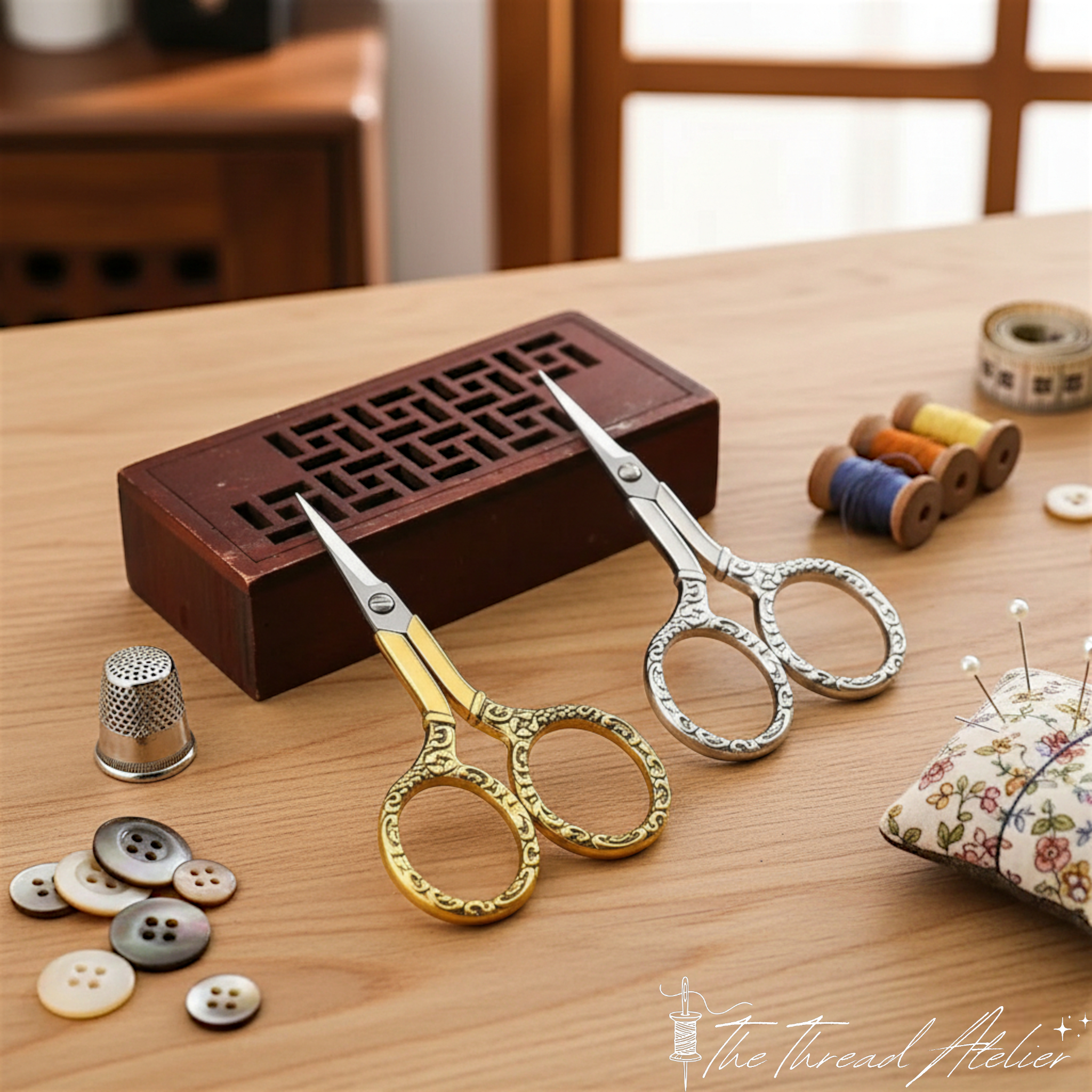 Vintage style thread cutter scissors in an antique metal finish