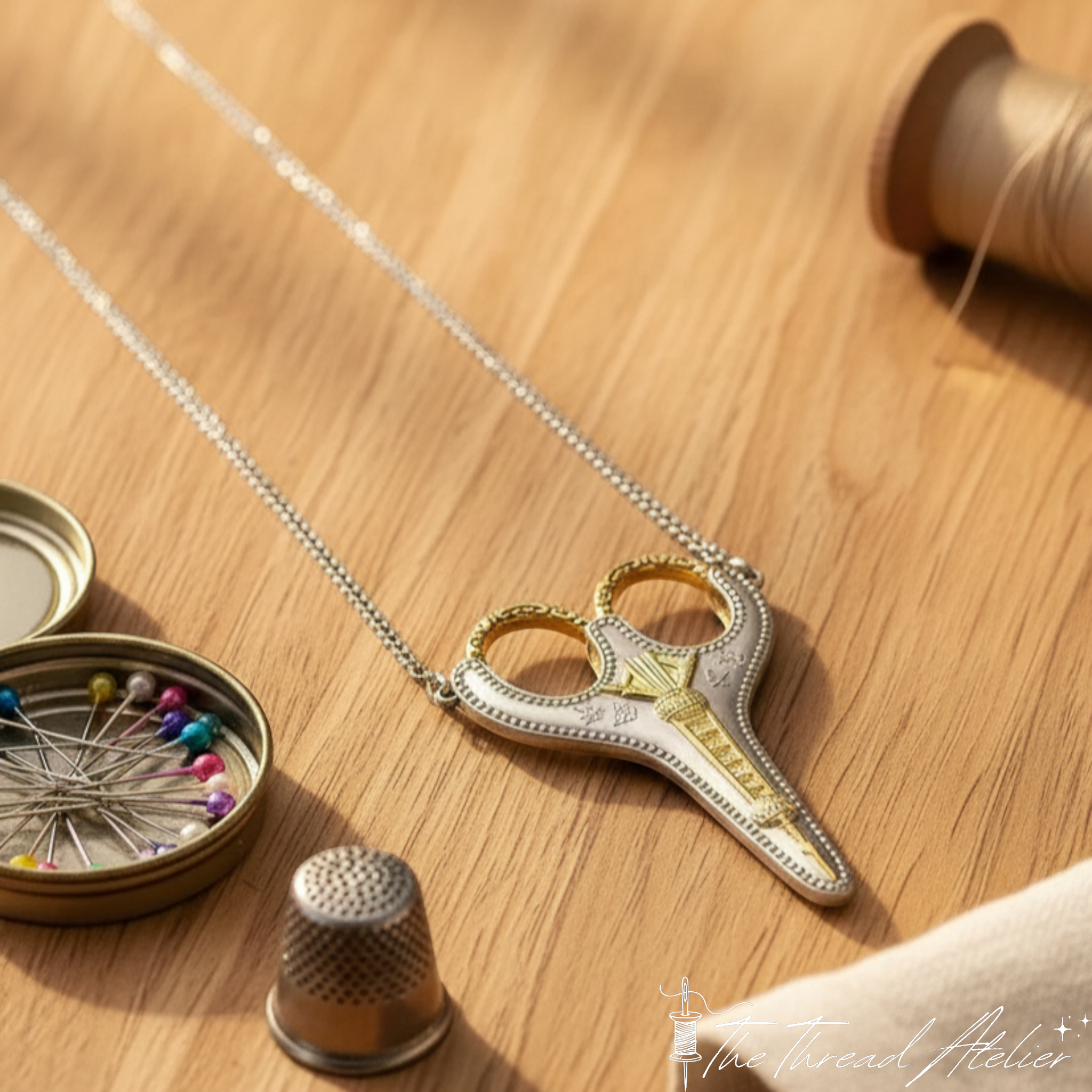 Retro embroidery scissors shown with their hanging chain
