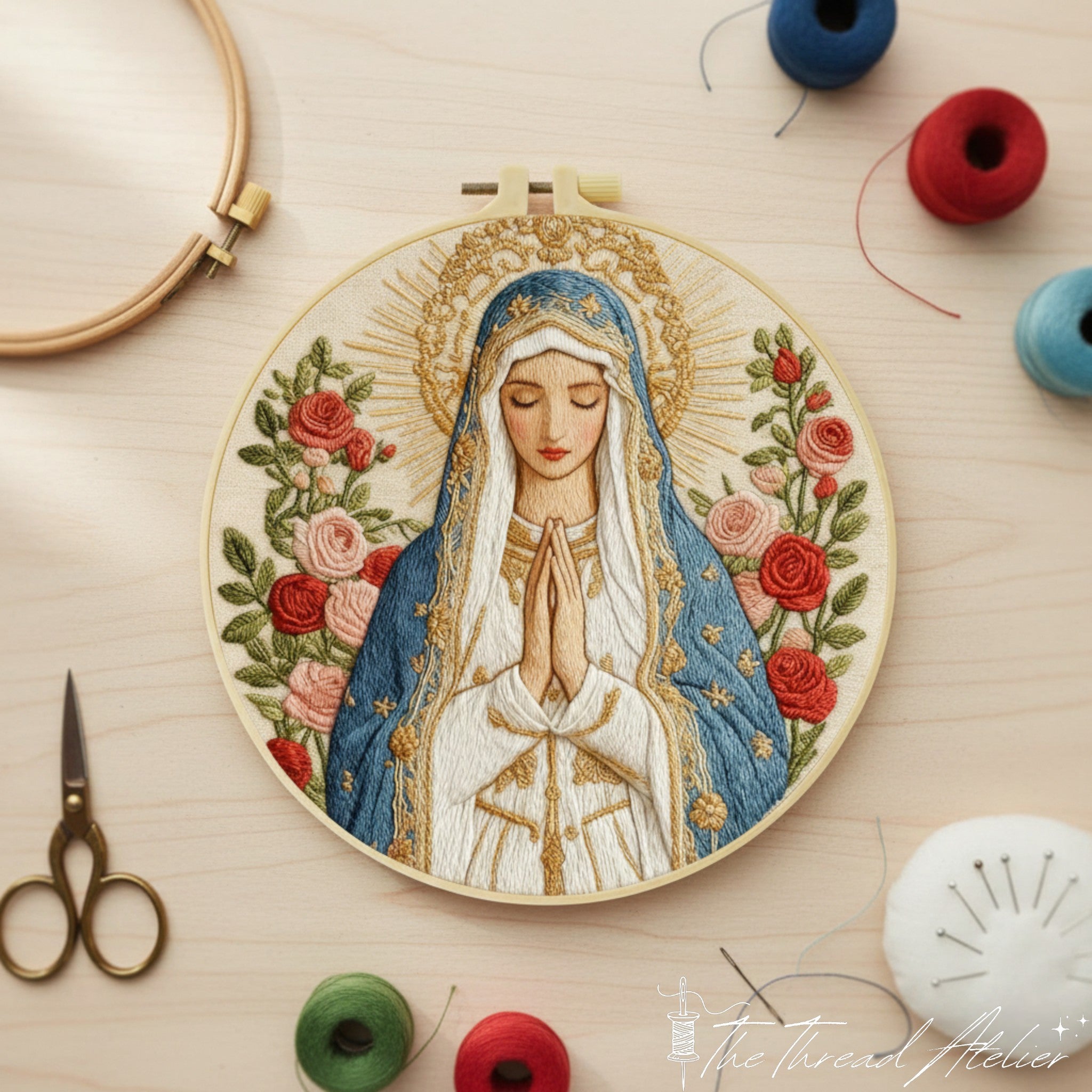 Catholic wall decor needlework, Marian figure framed by flowers