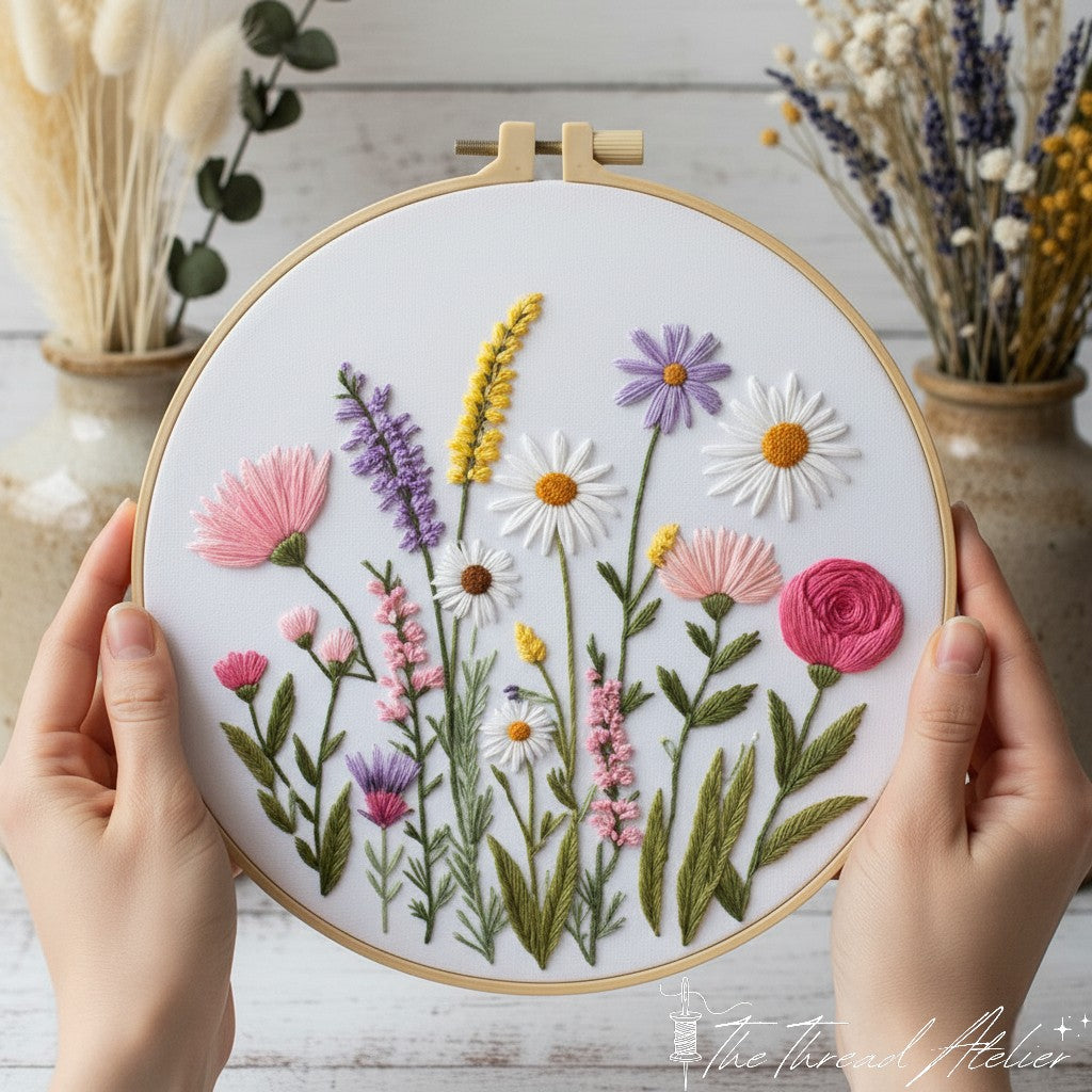 Wildflower meadow embroidery kit with colorful botanical hoop art