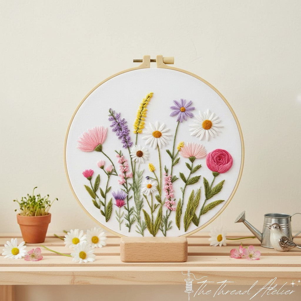 Meadow flowers needlework stitched in bright cotton threads