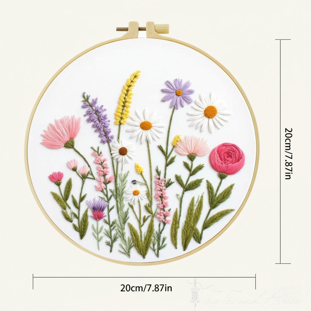 Detail of the wildflower pattern showing stems and petal stitches