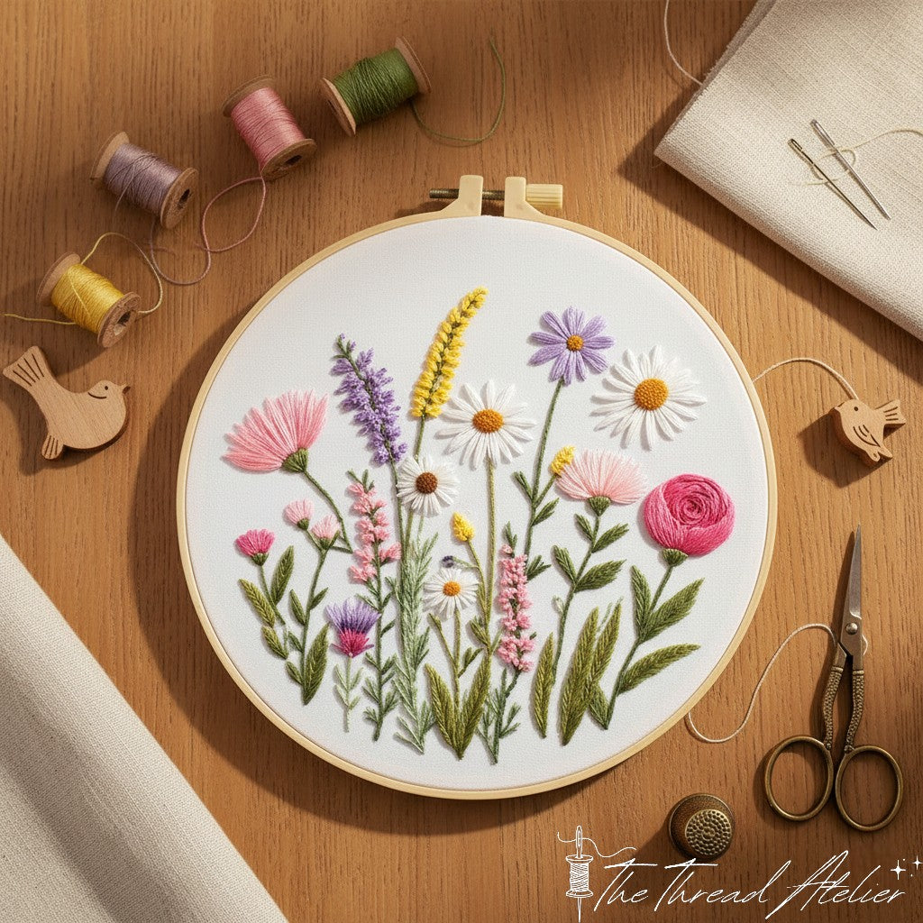 Wildflower meadow hoop art finished and hung as home decor